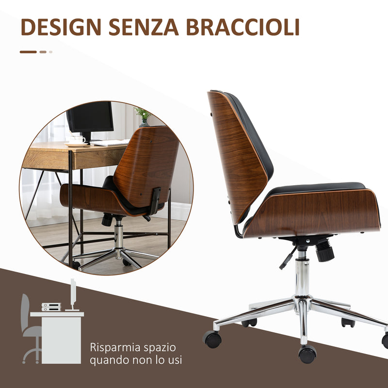 Sedia da Ufficio Design Vintage Imbottita in Finta Pelle Struttura in Legno di Pioppo Nero e Marrone Scuro  