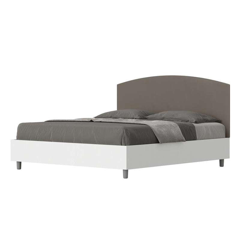 Letto Matrimoniale con Rete e Contenitore Alzata Comoda Struttura Bianco Frassico e Testata in Similpelle Antilia Cappuccino Varie Misure