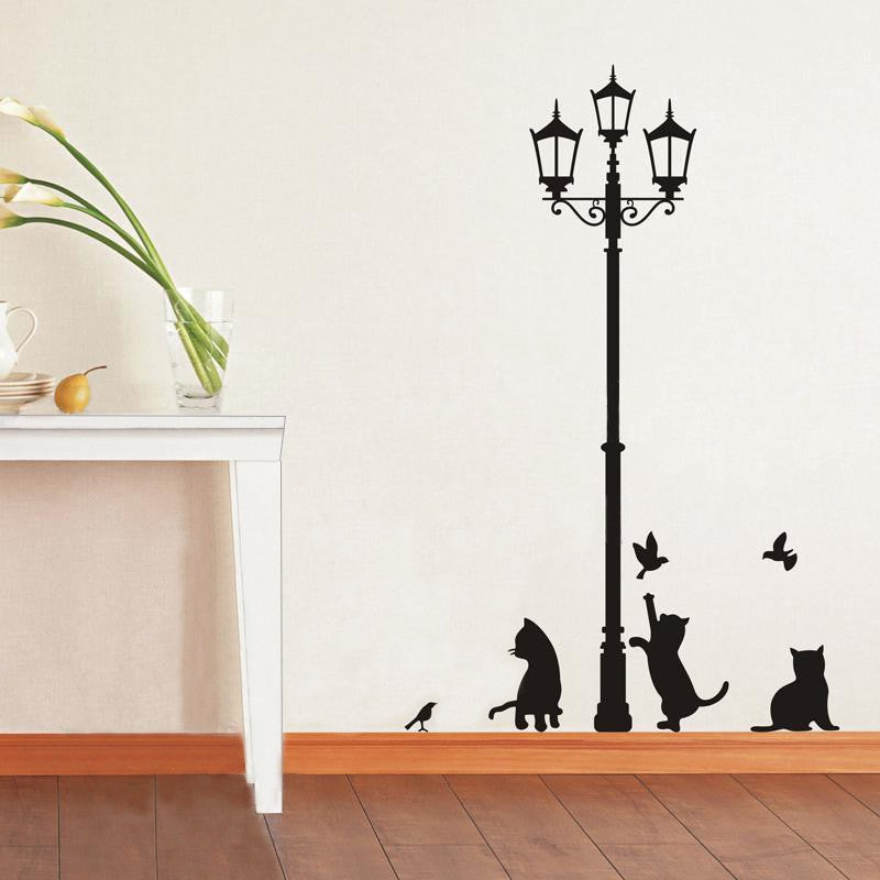 Adesivi Decorativi per Parete Gatti e Lampione Sticker Murale Nero
