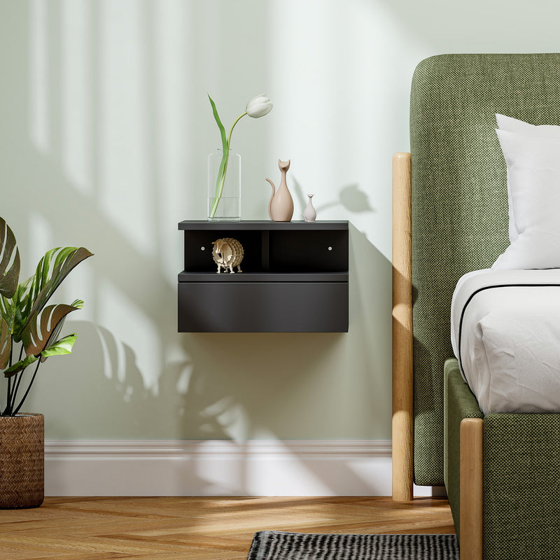 Comodino Sospeso per Camera da Letto 35x32x22,5 cm con Cassetto in Legno Nero  