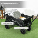 Carrello da Giardino 110L con Maniglia Telescopica e Tettuccio in Acciaio e Tessuto Oxford Nero