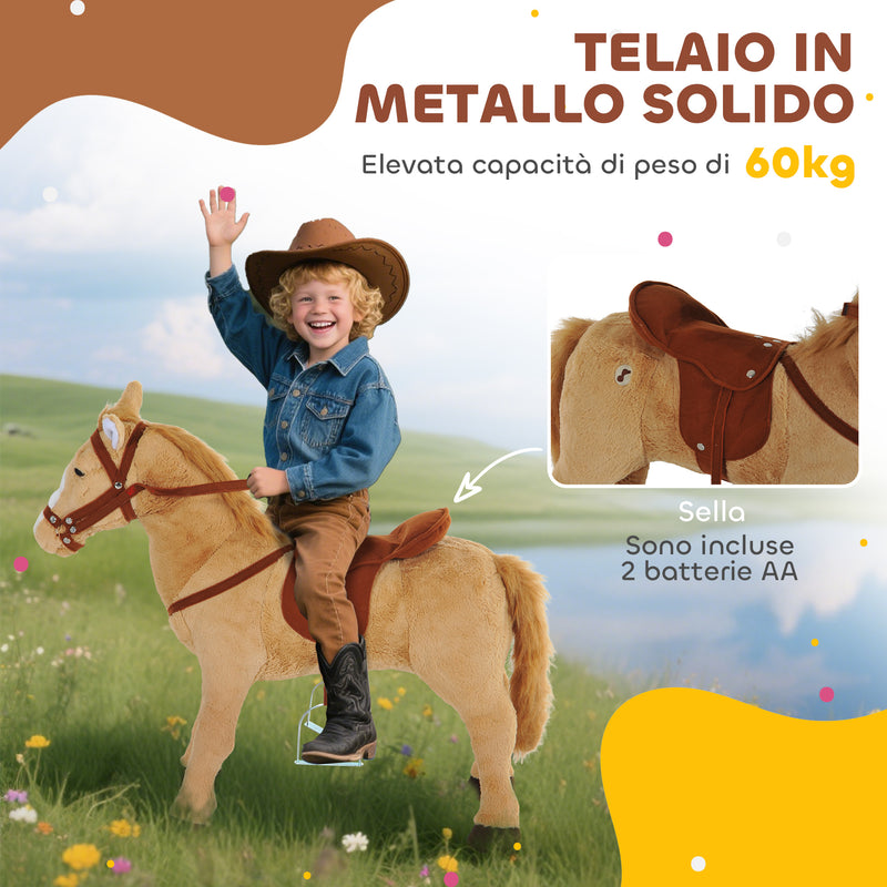 Cavallo Giocattolo con Suoni Realistici Sella Briglie e Poggiapiedi 85x28x60 cm in Poliestere Beige      
