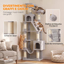 Tiragraffi per Gatti Grande Multilivello 60x48x204 cm con 8 Pali in Sisal 2 Casette e Amaca in Truciolare e Peluche Grigio Chiaro      