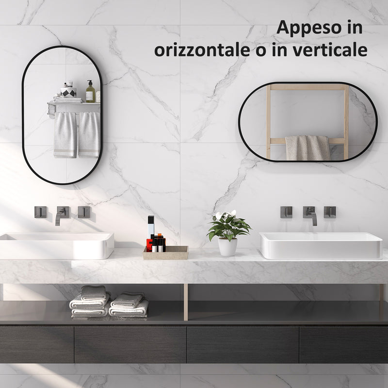 Specchio da Bagno Ovale da Parete 60x90 cm con Cornice in Alluminio Nero   