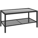 Tavolino da Caffè a 2 livelli  92x50x45 cm con Piano in Vetro Temperato e Ripiano in Acciaio e Rattan Nero      