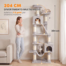 Tiragraffi per Gatti Grande Multilivello 60x48x204 cm con 8 Pali in Sisal 2 Casette e Amaca in Truciolare e Peluche Grigio Chiaro      