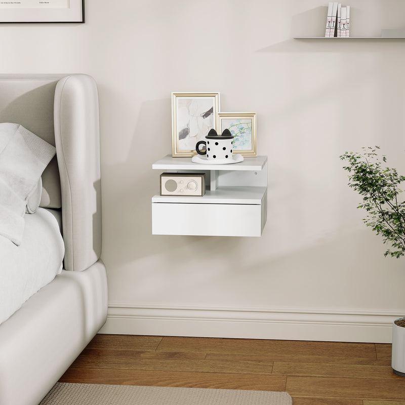 Comodino Sospeso per Camera da Letto 35x32x22,5 cm con Cassetto in Legno Bianco  