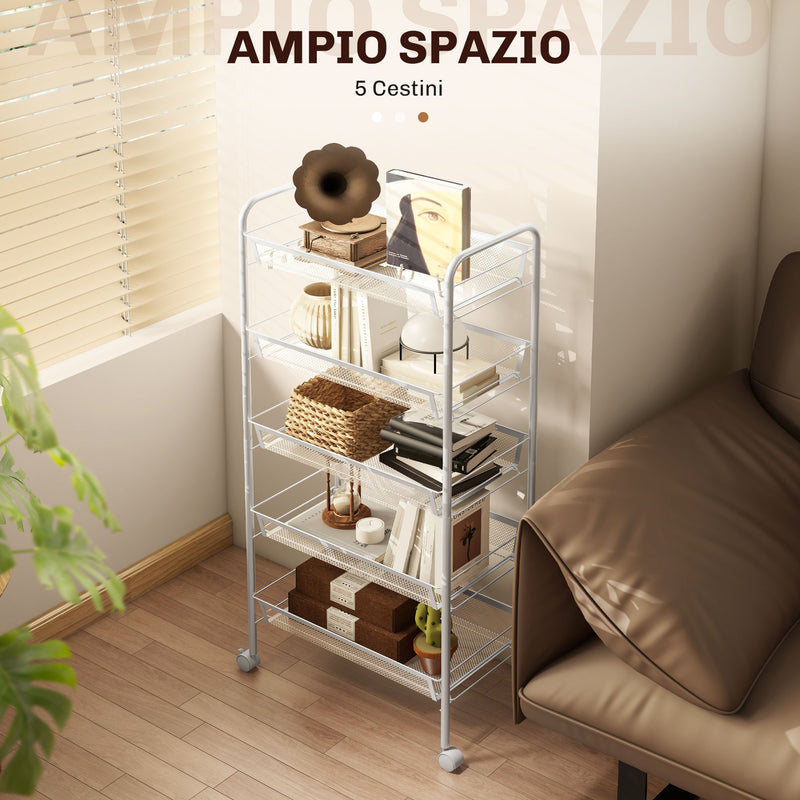 Carrello da Cucina Salvaspazio 5 Livelli con Cestini a Rete in Acciaio 45x26,5x106 cm Bianco 