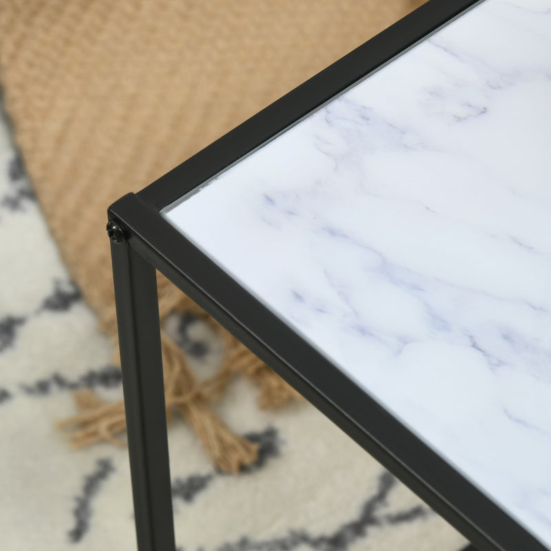 Set 2 Tavolini Quadrati Impilabili in Acciaio e Vetro Temperato Nero e Effetto Marmo