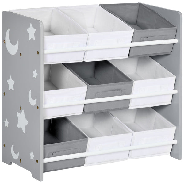 acquista Mobiletto Portagiochi 63x30x60 cm 9 Cestini Rimovibili in MDF e Tessuto Grigio e Bianco