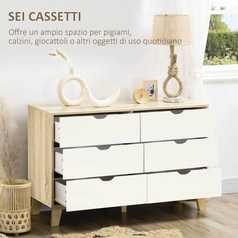 Cassettiera 6 Cassetti 120x40x76 cm con Maniglie Intagliate in Legno Bianco e Rovere  