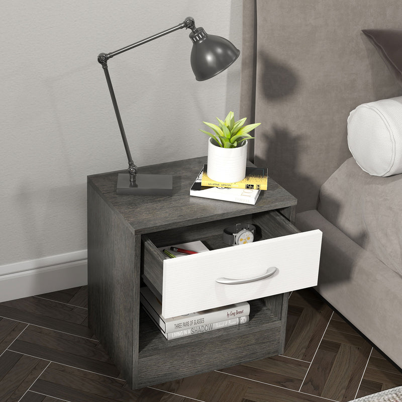 Comodino con Cassetto e Ripiano Aperto 39x28x41 cm in Legno Bianco e Grigio Scuro   