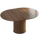 Tavolo Espandibile per 6-8 Persone da Rotondo a Ovale 150x110x75 cm con Base a Piedistallo in MDF e Acciaio Color Noce Scuro      