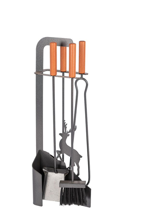Trespolo per Attrezzi Camino Sagoma Cervo con Paletta Scopino Attizzino e Pinza 15,6x23,5x65 cm in Ferro e Legno Grigio Martellato sconto