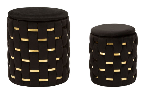 Puff con Contenitore Shanty Nero Set 2 Pz Ø37x42 cm - Ø28x35 cm in Ferro e MDF e Spugna e Poliestere Nero e Oro sconto