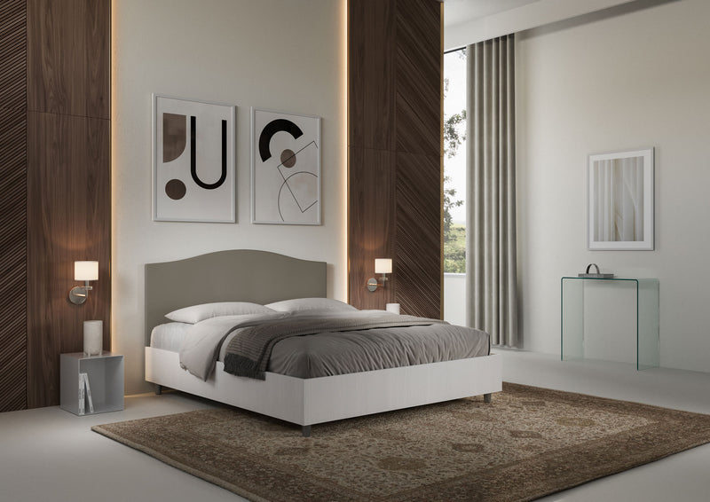 Letto Matrimoniale con Rete e Contenitore Alzata Comoda Struttura Bianco Frassico e Testata in Similpelle Grace Cappuccino Varie Misure