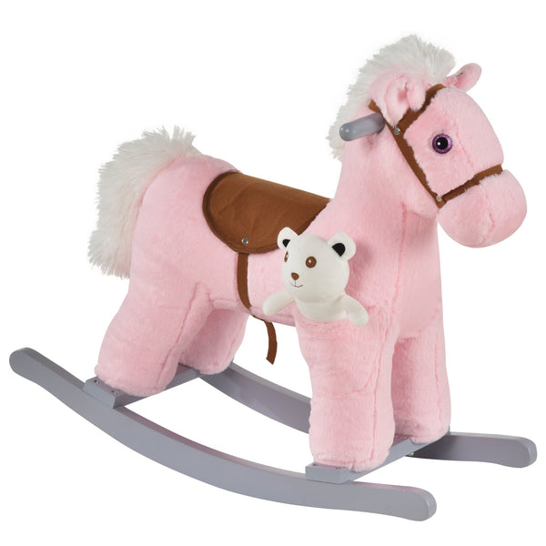 acquista Cavallo a Dondolo in Peluche e Legno con Orsetto e Suoni Rosa