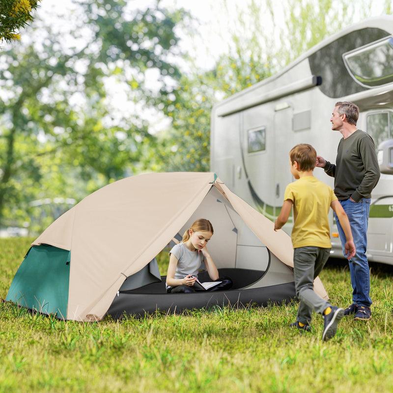 Tenda da Campeggio 2 Posti Impermeabile 280x225x110 cm con 2 Vestiboli e 2 Porte Beige   