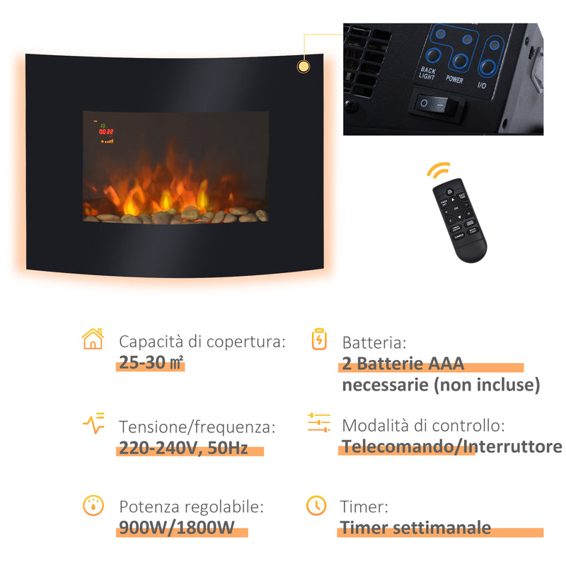 Camino Elettrico da Parete con 2 Livelli di Riscaldamento 900-1800W Fiamma 7 Colori e Telecomando Nero   