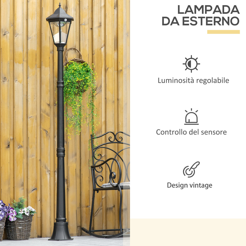 Lampione Solare da Giardino 22x22x196 cm con Luce LED e Sensore di Movimento in Alluminio e Vetro Nero  