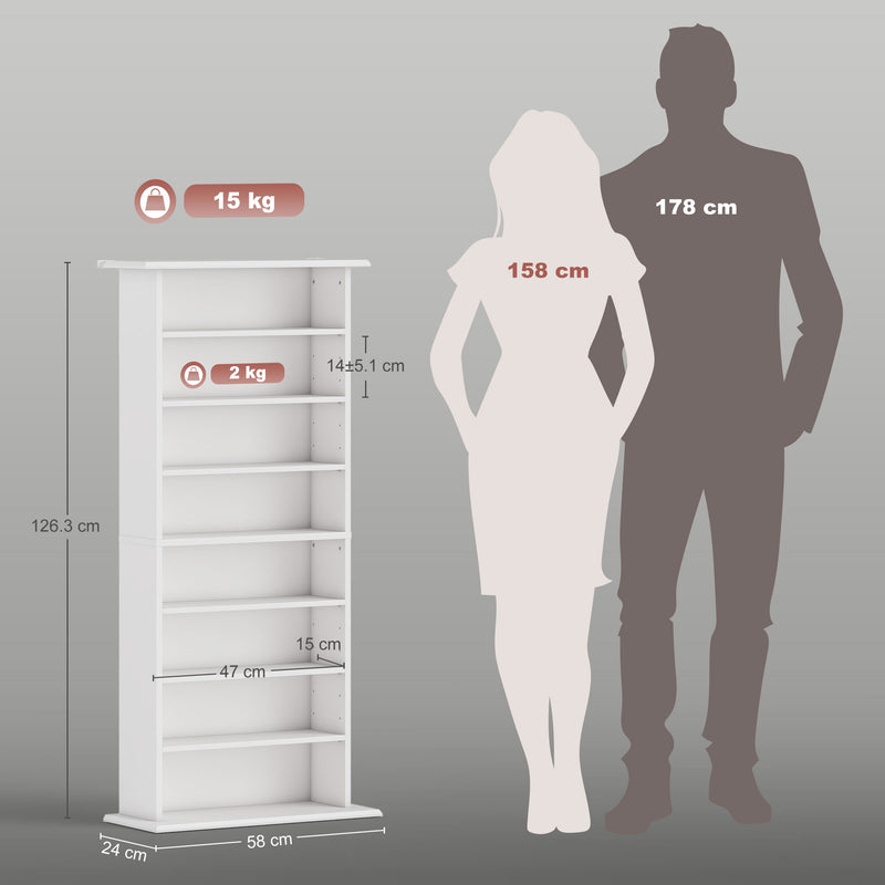 Scaffale Porta CD 58x24x124,5 cm con 6 Ripiani Regolabili Capacità di 360 CD/185 DVD Bianco      