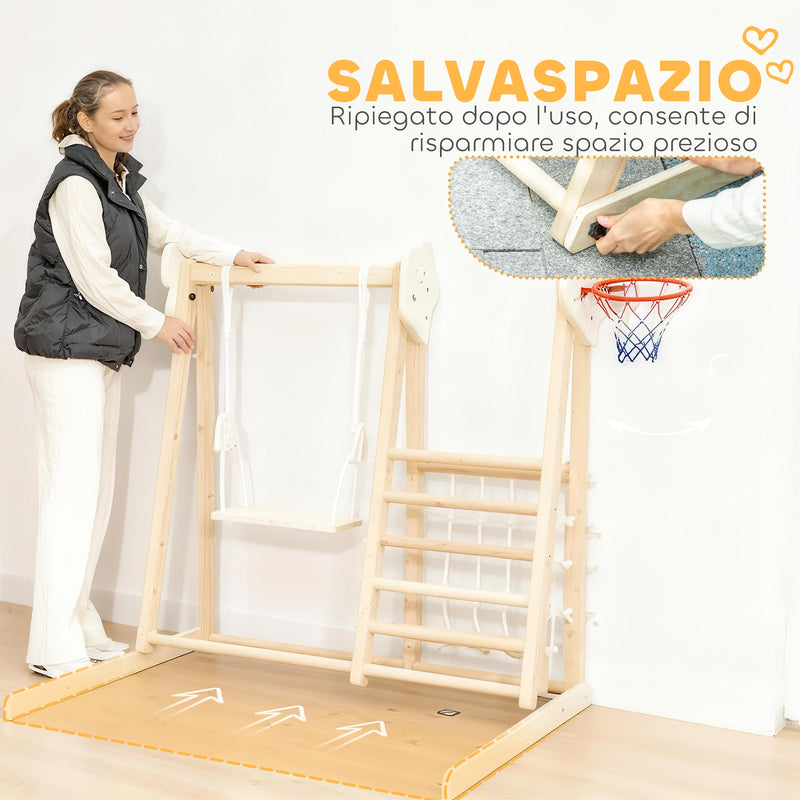 Gioco Arrampicata 5 in 1 Pieghevole 140x172,5x116,5 cm con Scivolo 2 Pareti Altalena e Canestro in Legno      