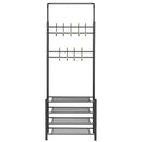 Stand Appendiabiti da Ingresso 9 Ganci con Scarpiera a 4 Ripiani in Metallo Nero 