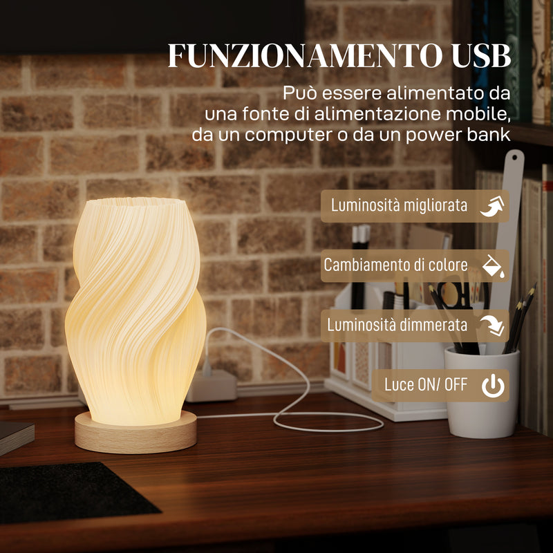 Lampada da Tavolo Ondulata a 3 Tonalità Ø12x20 cm con presa USB in ABS e Caucciù Bianco  