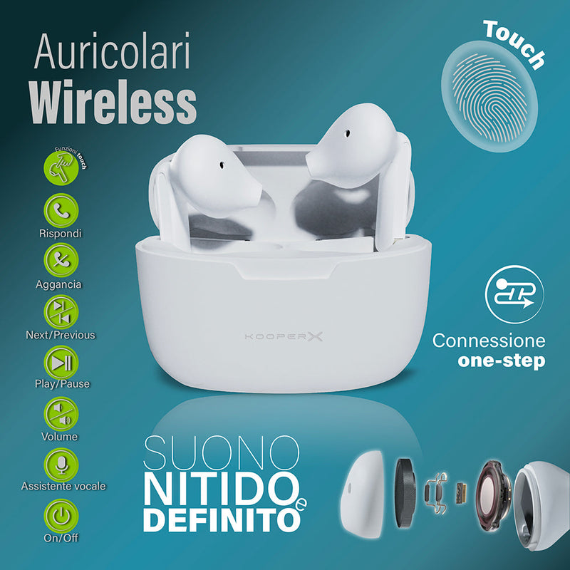 Cuffie Auricolari Wireless con Custodia per Ricarica Kooper  Bianco