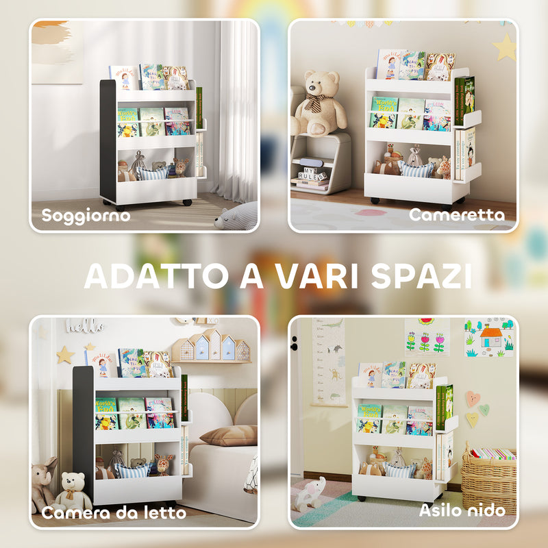 Libreria per Bambini 3-8 Anni  Scaffalea Due Lati Portagiochi con Ruote e Lavagna Nera in MDF Bianco      