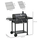 Barbecue a Carbone Griglia Regolabile con Coperchio Ruote e Tavolini Nero 