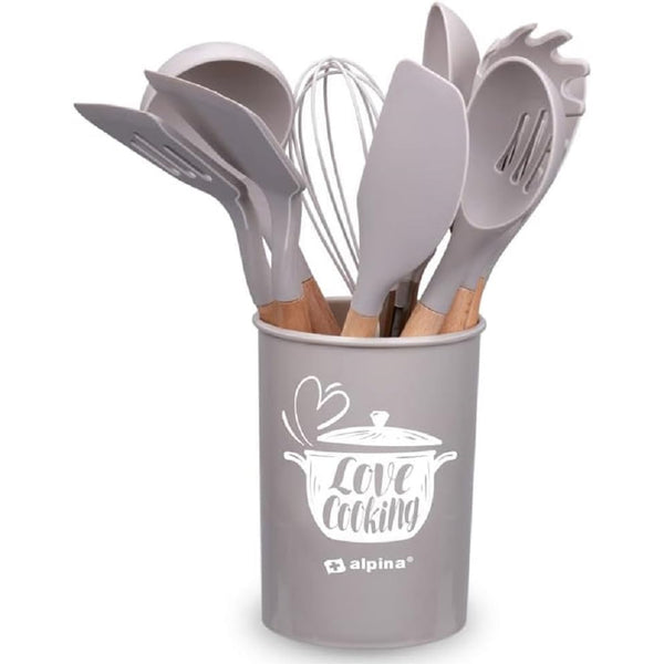 acquista Set 12 Utensili da Cucina con Supporto in Silicone e Manico Legno Tortora