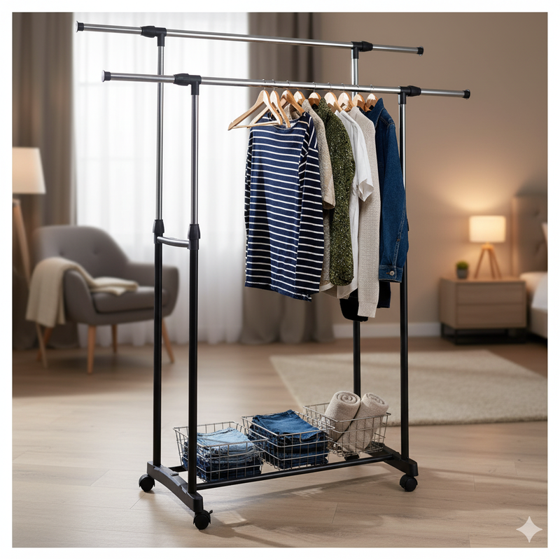 SONGMICS Stand Appendiabiti Doppio, Attaccapanni Estensibile Con Ruote, Altezza Regolabile 113 180 Cm Barra Centrale Regolabile Bianco Llr401w01 84218516 - Foto 7