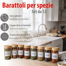 Set 12 Barattoli Portaspezie con Dosatore e Etichette Organizer da Cucina in Vetro e Bambù      