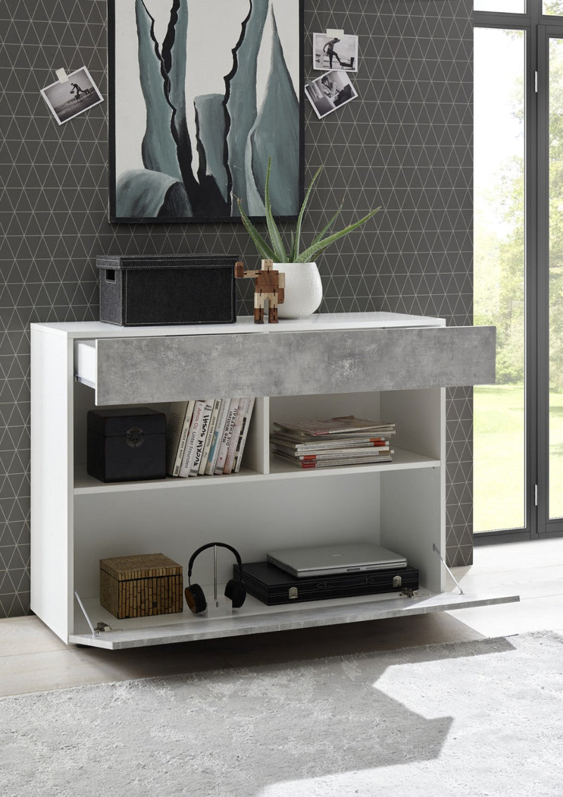 Credenza Mobile Soggiorno 1 Anta 2 Vani 111x42x82 cm TFT Akira Bianco e Cemento
