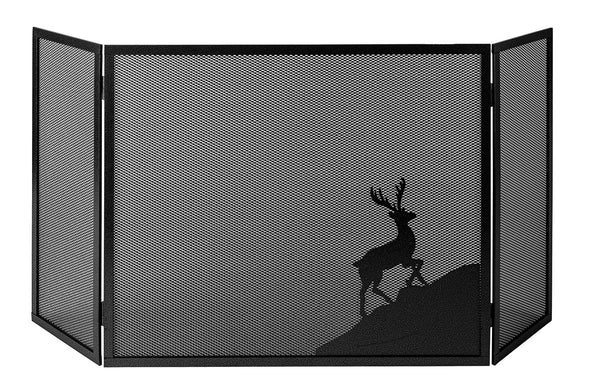 sconto Parascintille per Camino a 3 Ante Design Cervo 20+60+20x50 cm in Ferro Verniciato Grigio Martellato