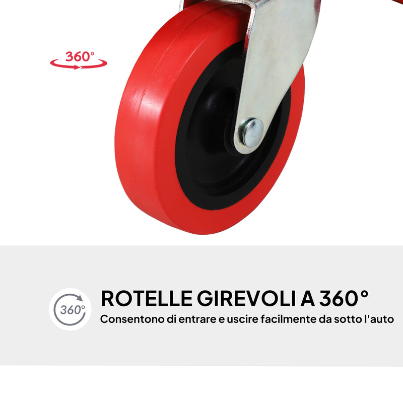 Carrello da Meccanico 100x48x12 cm con Poggiatesta Imbottito e 2 Vassoi Laterali in Plastica Rosso 