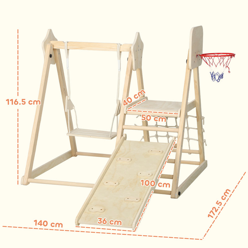 Gioco Arrampicata 5 in 1 Pieghevole 140x172,5x116,5 cm con Scivolo 2 Pareti Altalena e Canestro in Legno      