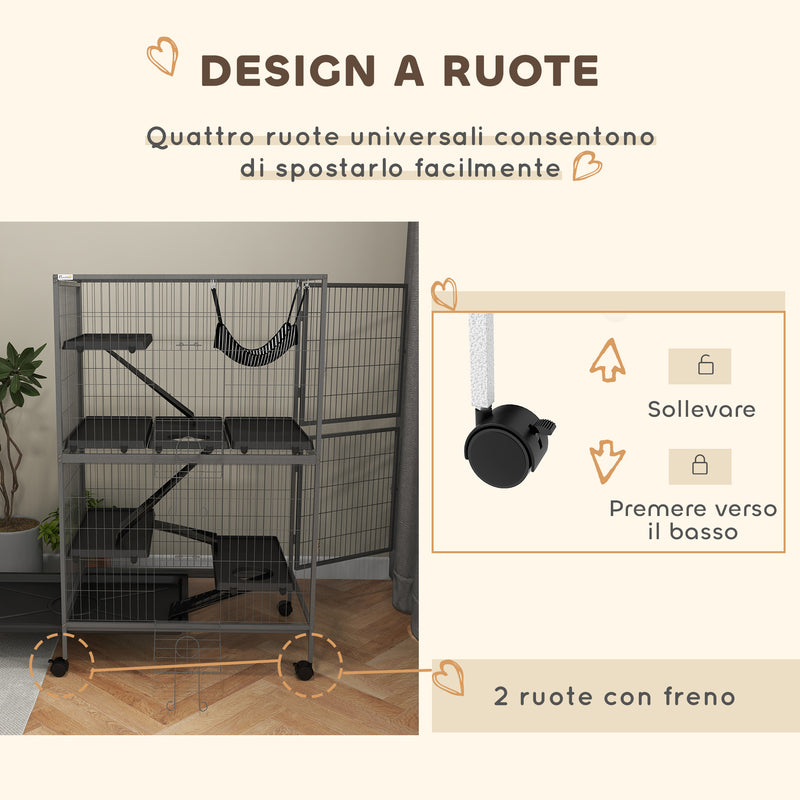 Gabbia per Roditori 80x52x128 cm con 4 Ingressi a Livelli Multipli in Metallo e PP Grigio  