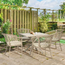 Set Tavolo e 4 Poltrone da Giardino con Cuscini in Acciaio e Rattan PE Cachi