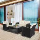 Set Salotto da Giardino Divano 2 Poltrone e Tavolino in Rattan Nero e Crema