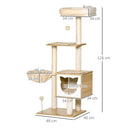 Tiragraffi per Gatti con 2 Pali Casetta e Lettini 48x40x126 cm in Legno Peluche e Sisal Beige  