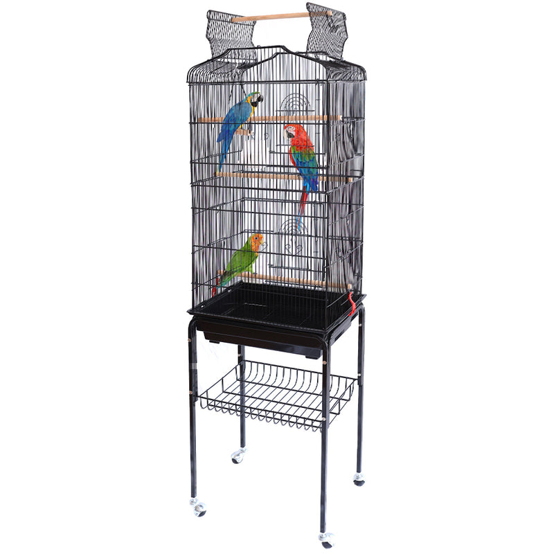 Gabbia Voliera per Uccelli Nera per Pappagalli con Tetto Apribile 46x35x148 cm
