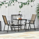 Set Tavolo con Mensola e 2 Sedie Pieghevoli da Giardino in Metallo e Textilene Marrone e Nero