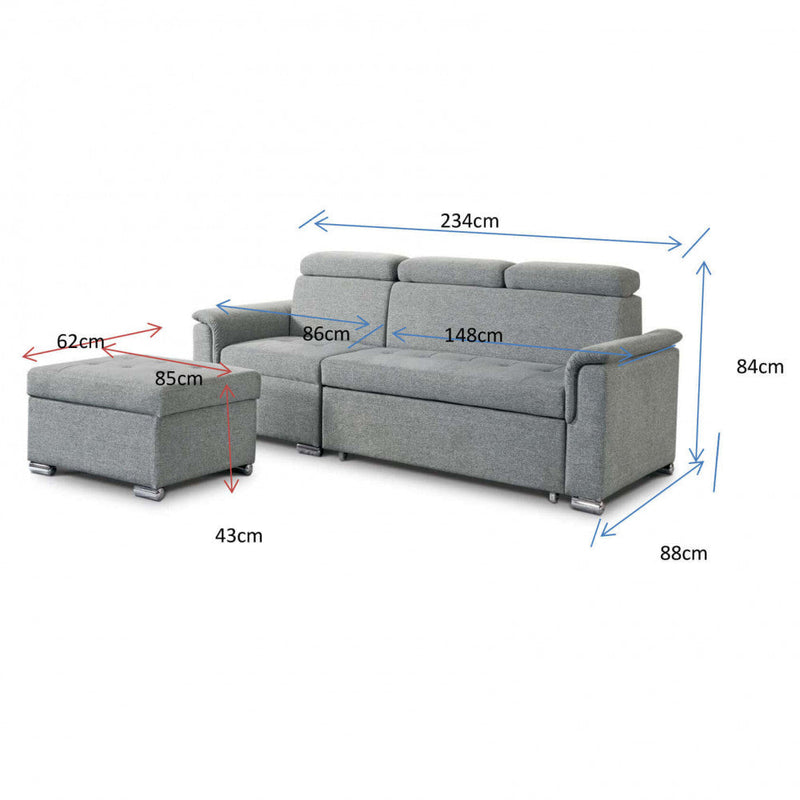 Divano Letto Derrick 234x148x84 cm in Tessuto Blu