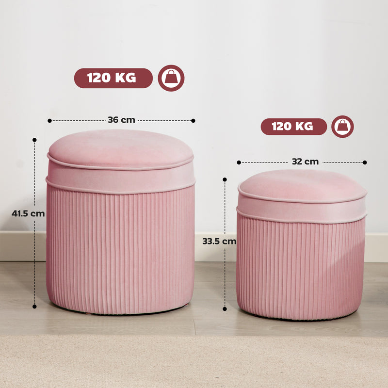 Set 2 Pouf Poggiapiedi Rotondi Impilabili Contenitore da 34.8L Imbottiti con Rivestimento in Velluto Rosa      