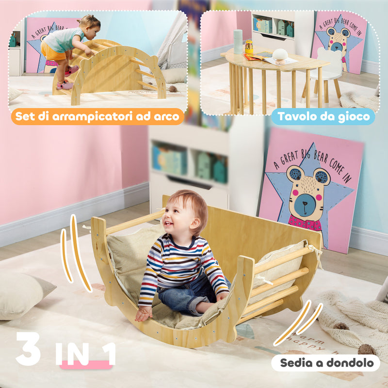 Arco Montessoriano 3 in 1 per Bambini da 18-48 Mesi Arrampicata Tavolino e Dondolo con Cuscino in Pino Color Legno      