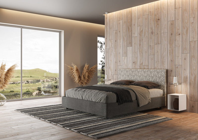 Letto Matrimoniale con Testata e Alzata Comoda Imbottito in Tessuto Labirinto Arla Grigio Varie Misure