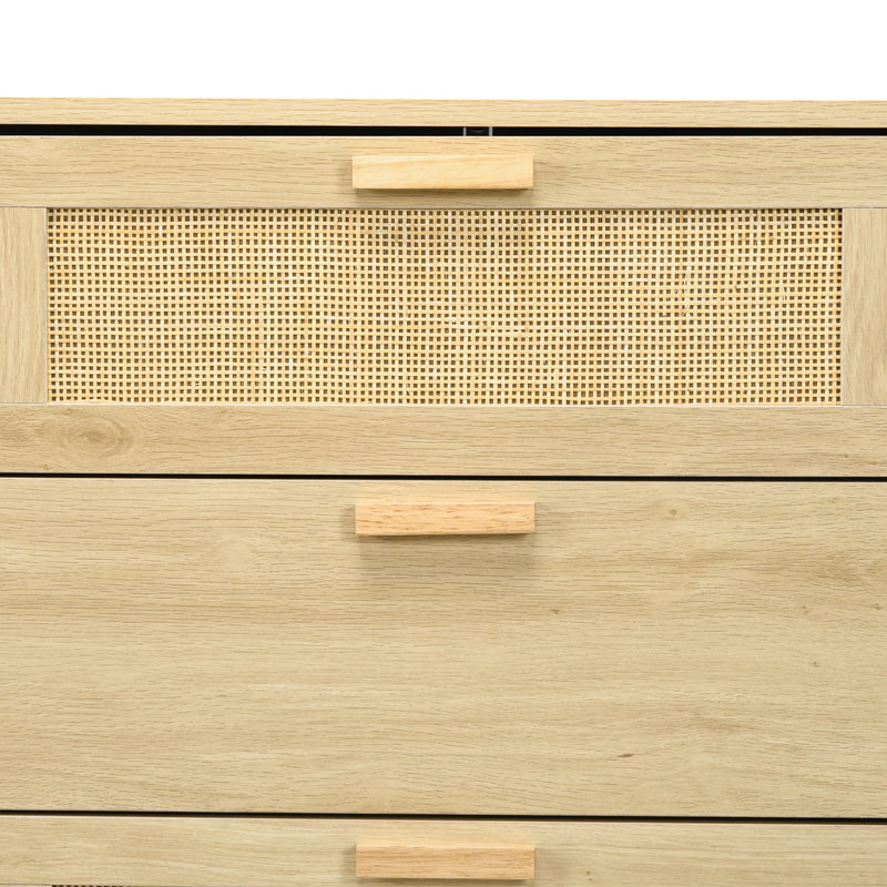 Cassettiera 6 Cassetti Stile Boho 110x40x69 cm in Legno e Rattan Rovere      