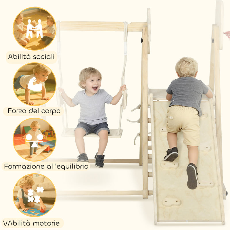 Gioco Arrampicata 5 in 1 Pieghevole 140x172,5x116,5 cm con Scivolo 2 Pareti Altalena e Canestro in Legno      